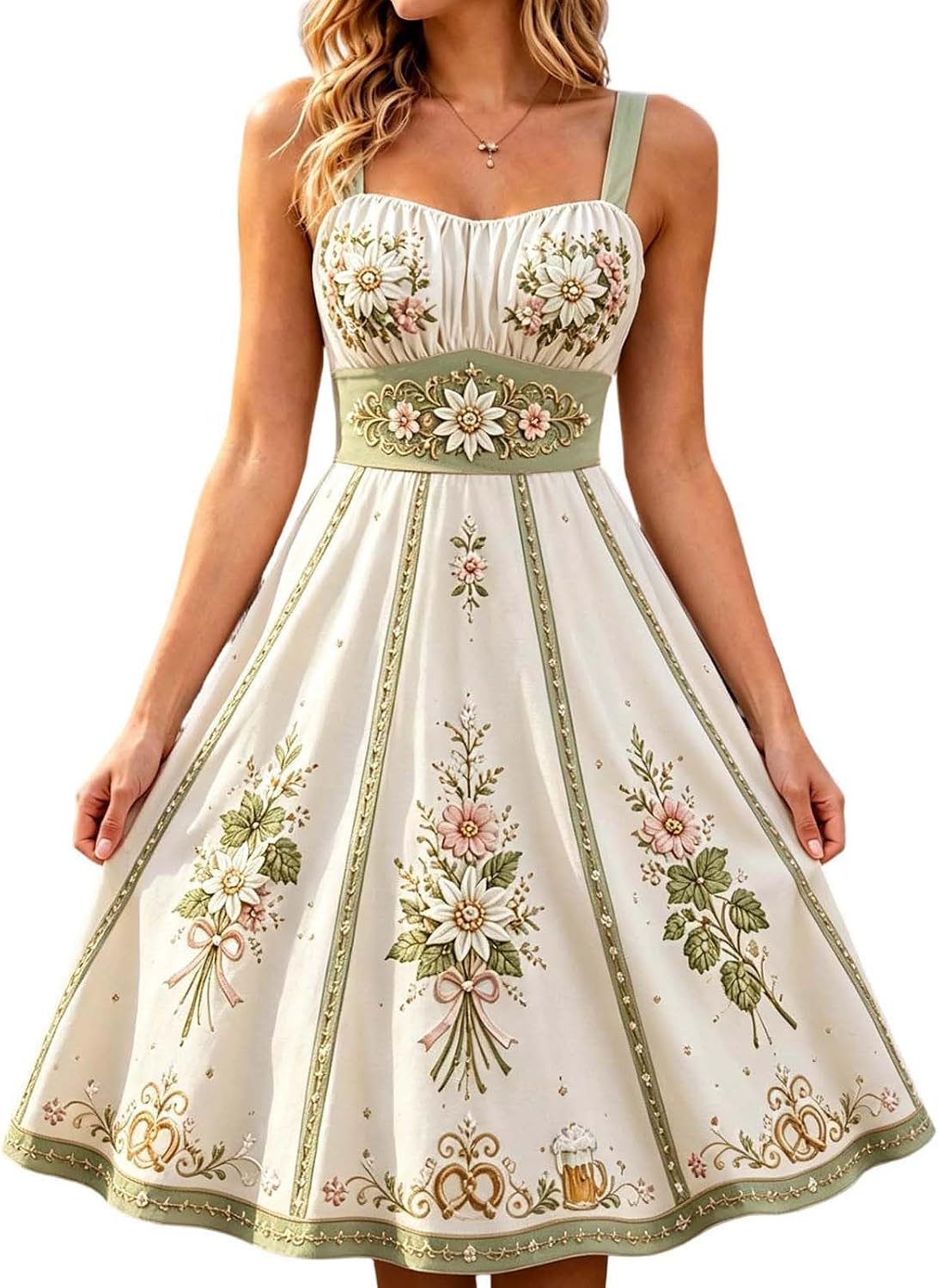 Vintage Floral Embroidered Midi Dress with Sweetheart Neckline Traditional Beer Maid Outfit for Halloween Cosplay Fall Events
