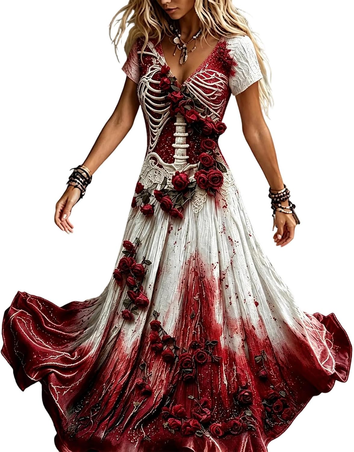 Womens Halloween Dresses Costume Plus Size Skeleton Maxi Dress