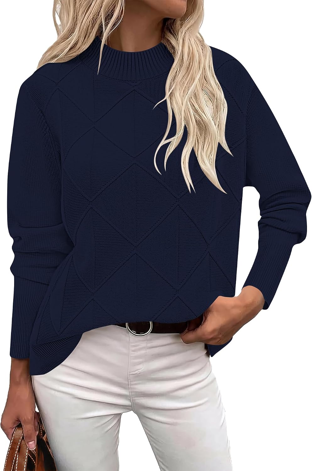 Womens Cable Knit Sweater Fall Mock-Neck Pullover Tops