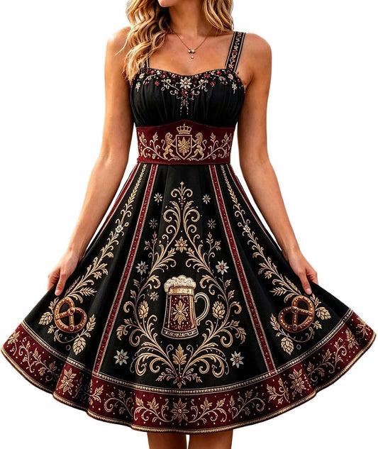 Vintage Floral Embroidered Midi Dress with Sweetheart Neckline Traditional Beer Maid Outfit for Halloween Cosplay Fall Events