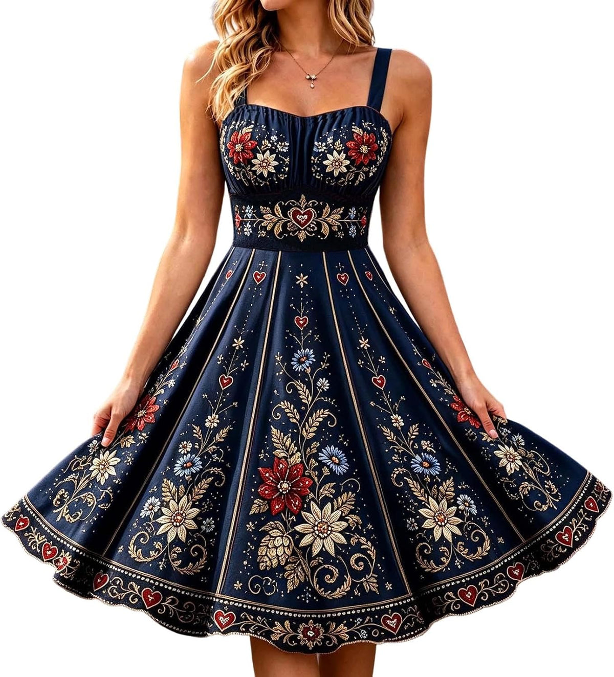 Vintage Floral Embroidered Midi Dress with Sweetheart Neckline Traditional Beer Maid Outfit for Halloween Cosplay Fall Events