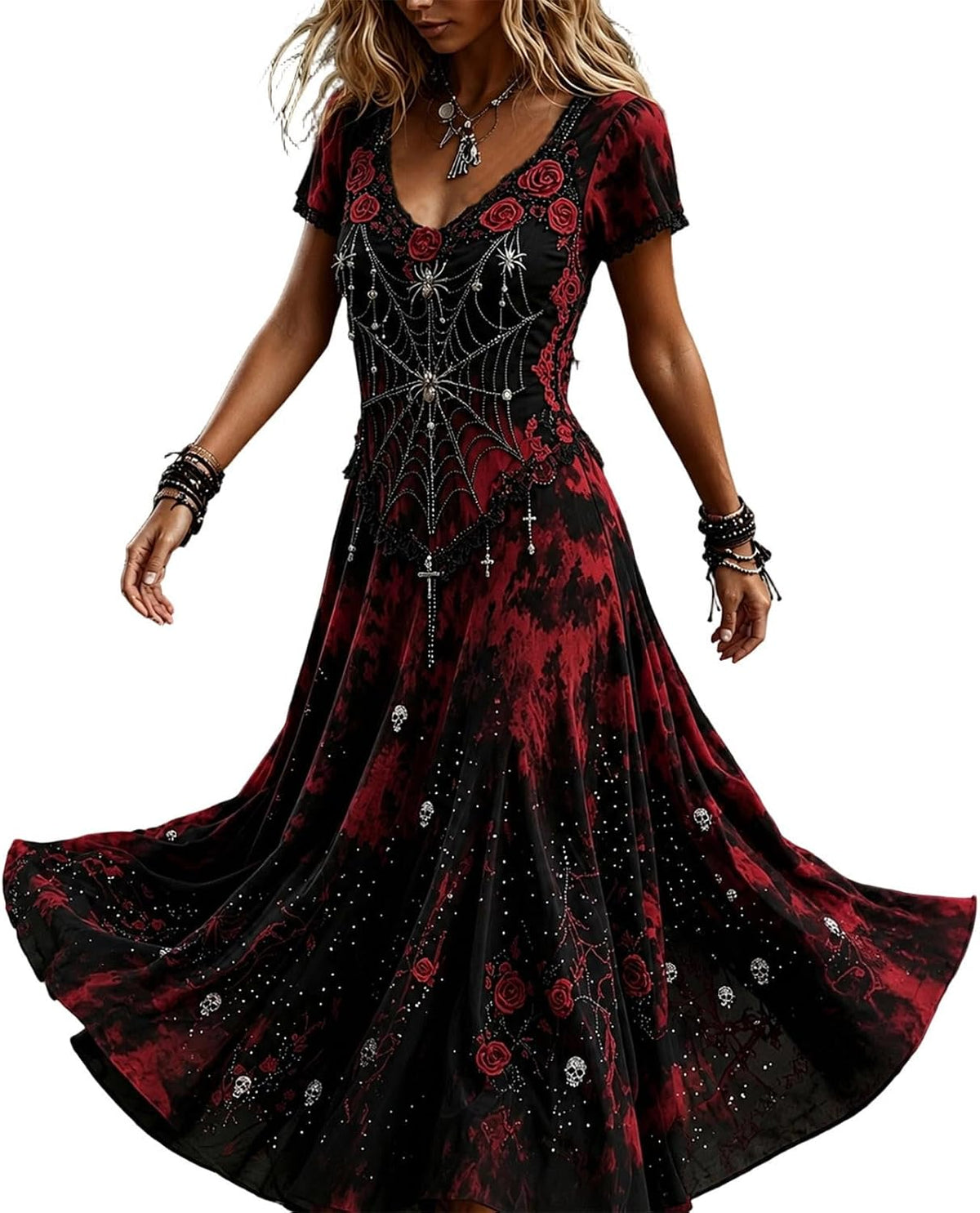 Womens Halloween Dresses Costume Plus Size Skeleton Maxi Dress