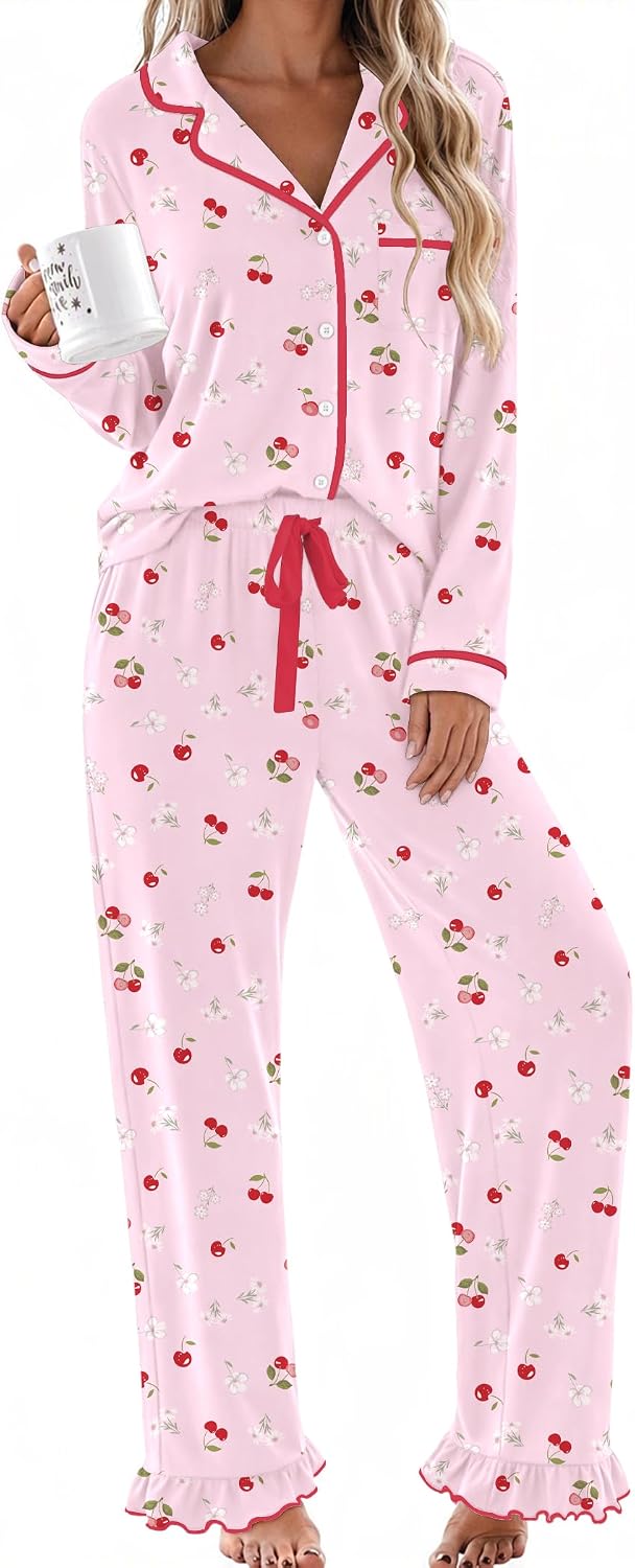 Womens Classic Notch Collar Lounge Sets. Comfy 2 Pieces Ruffle Pants for Home