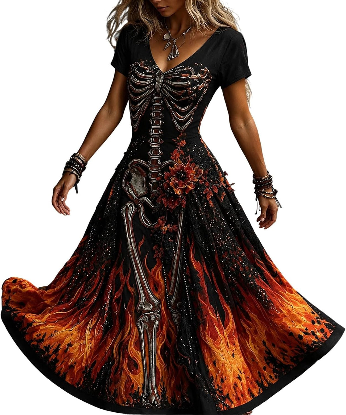 Womens Halloween Dresses Costume Plus Size Skeleton Maxi Dress