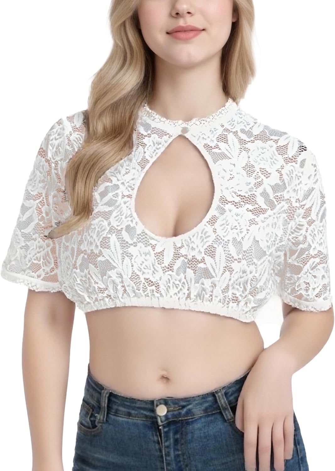 Women German Dirndl Blouse. V-Neck Lace Short-Sleeved White Dirndl Shirts