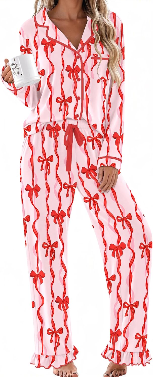 Womens Classic Notch Collar Lounge Sets. Comfy 2 Pieces Ruffle Pants for Home