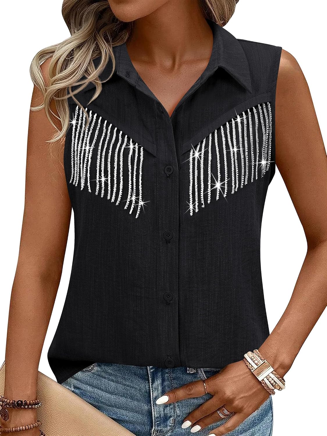 Womens Rhinestone Fringe Shirt Top Dolly Costume Parton Club Outfit