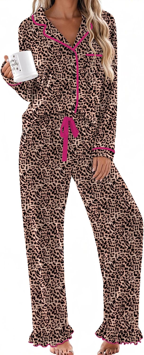 Womens Classic Notch Collar Lounge Sets. Comfy 2 Pieces Ruffle Pants for Home