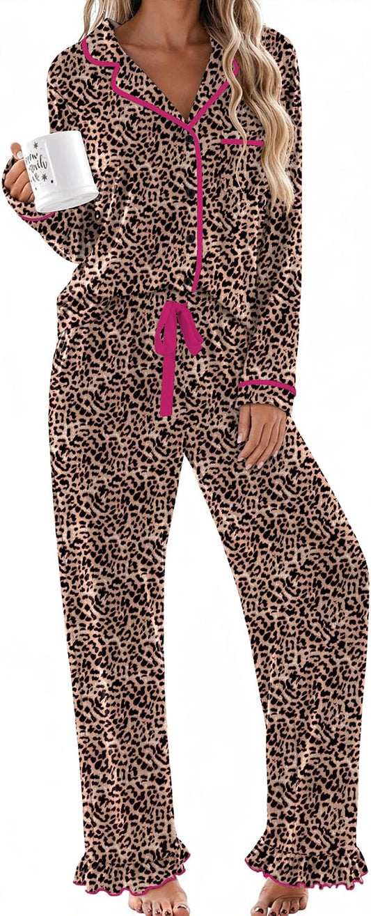 Womens Classic Notch Collar Lounge Sets. Comfy 2 Pieces Ruffle Pants for Home