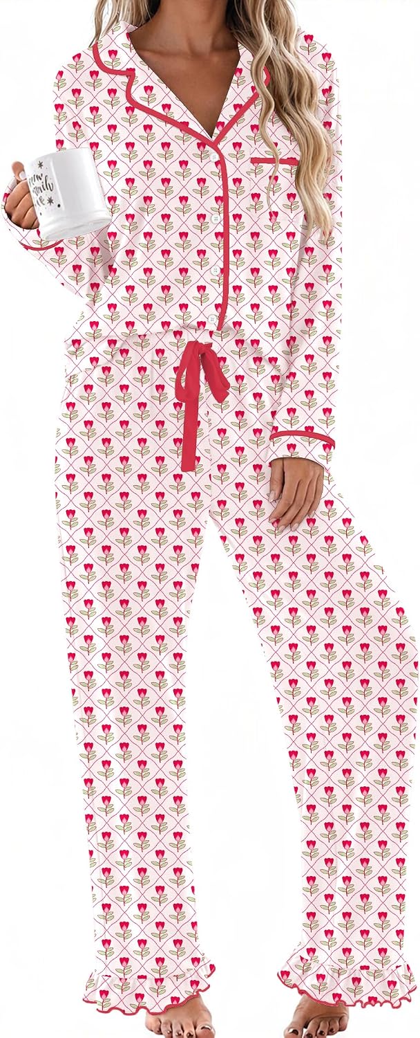 Womens Classic Notch Collar Lounge Sets. Comfy 2 Pieces Ruffle Pants for Home