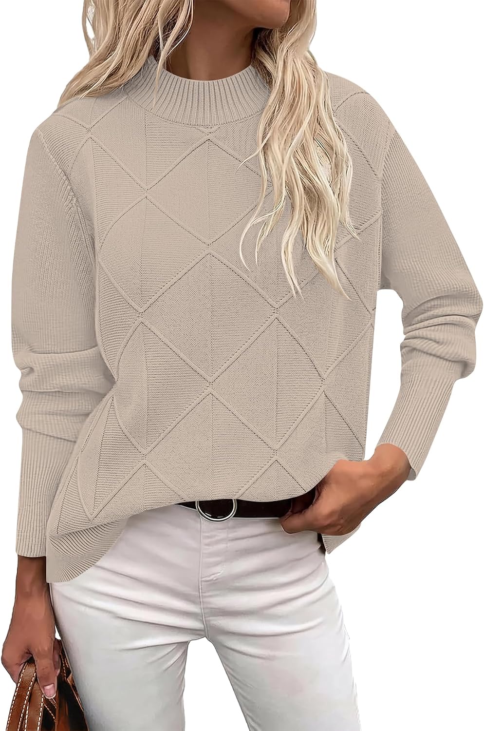 Womens Cable Knit Sweater Fall Mock-Neck Pullover Tops