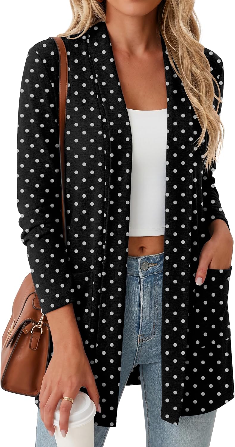 Women Casual Open Front Cardigan A - Black | Air-conditioned Room Cardigan. with Pockets. Long Sleeve