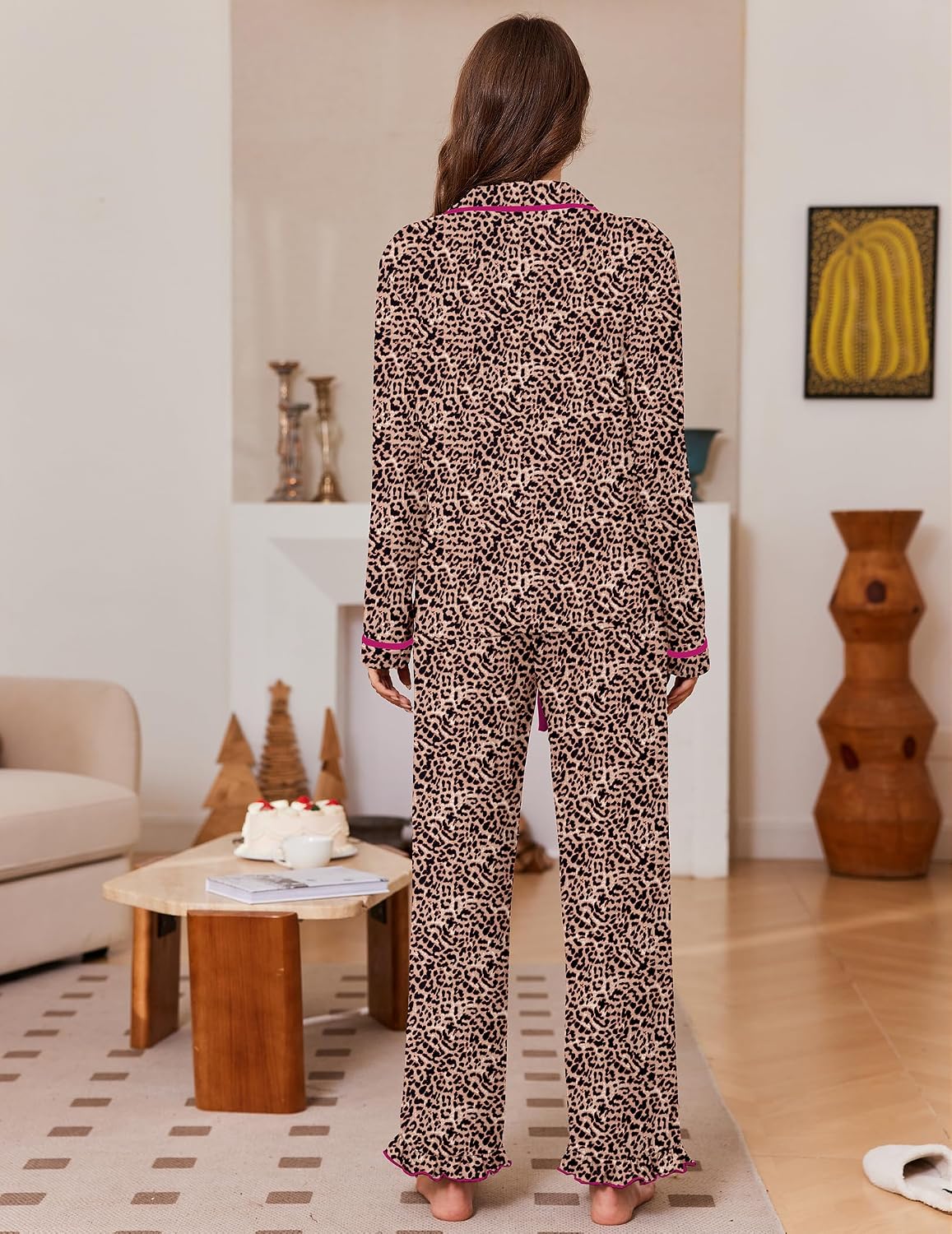 Womens Classic Notch Collar Lounge Sets. Comfy 2 Pieces Ruffle Pants for Home
