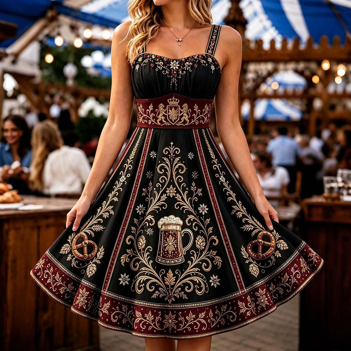 Vintage Floral Embroidered Midi Dress with Sweetheart Neckline Traditional Beer Maid Outfit for Halloween Cosplay Fall Events