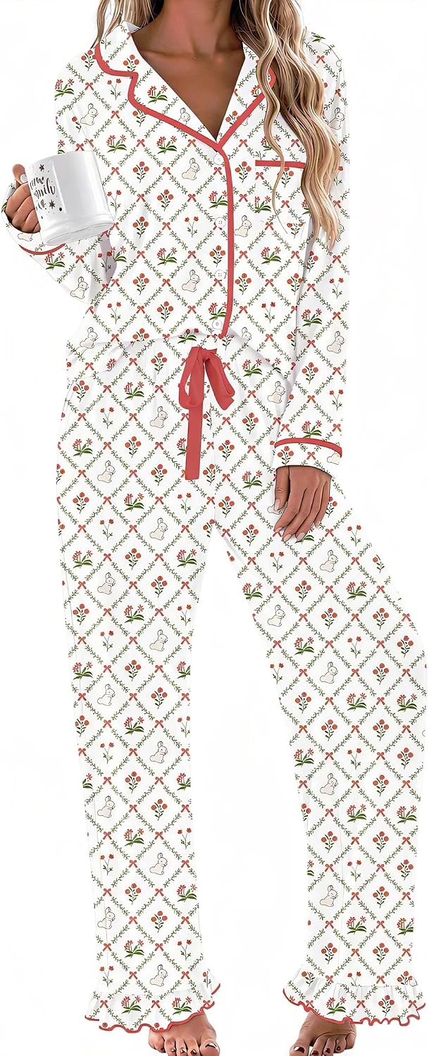 Womens Classic Notch Collar Lounge Sets. Comfy 2 Pieces Ruffle Pants for Home