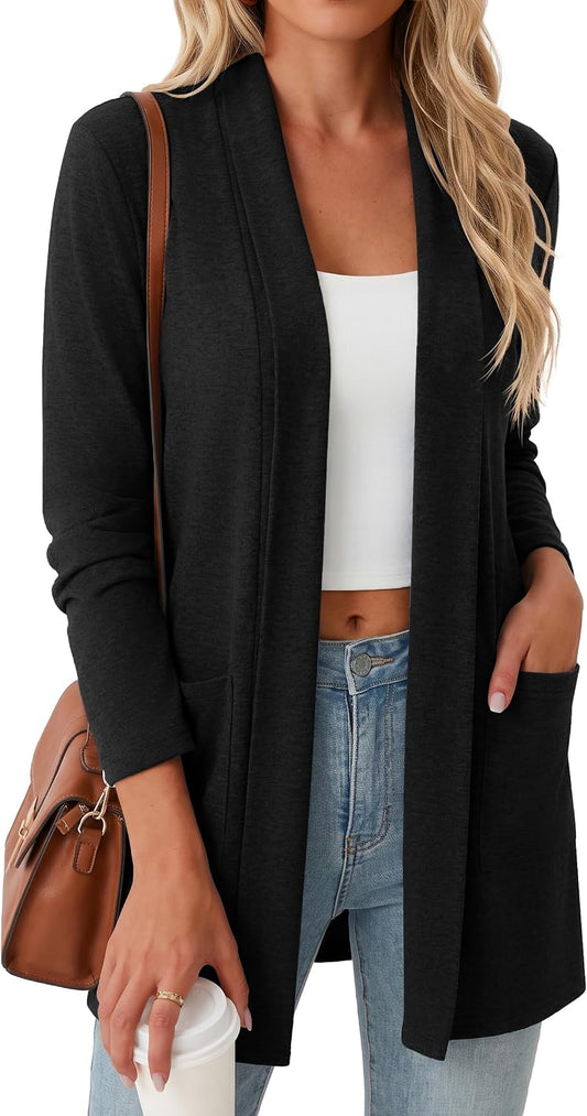 Women Casual Open Front Cardigan A - Black | Air-conditioned Room Cardigan. with Pockets. Long Sleeve