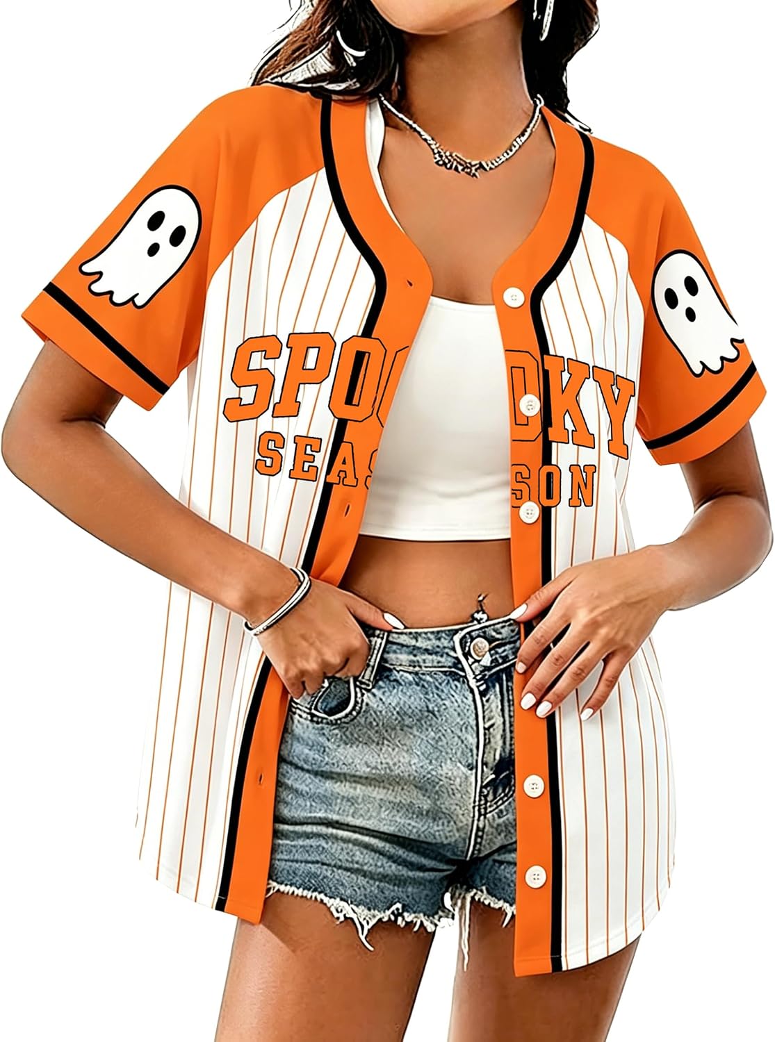 Women Spooky Season Halloween Jersey Pumpkin Short Sleeve Fall Party Costume Top