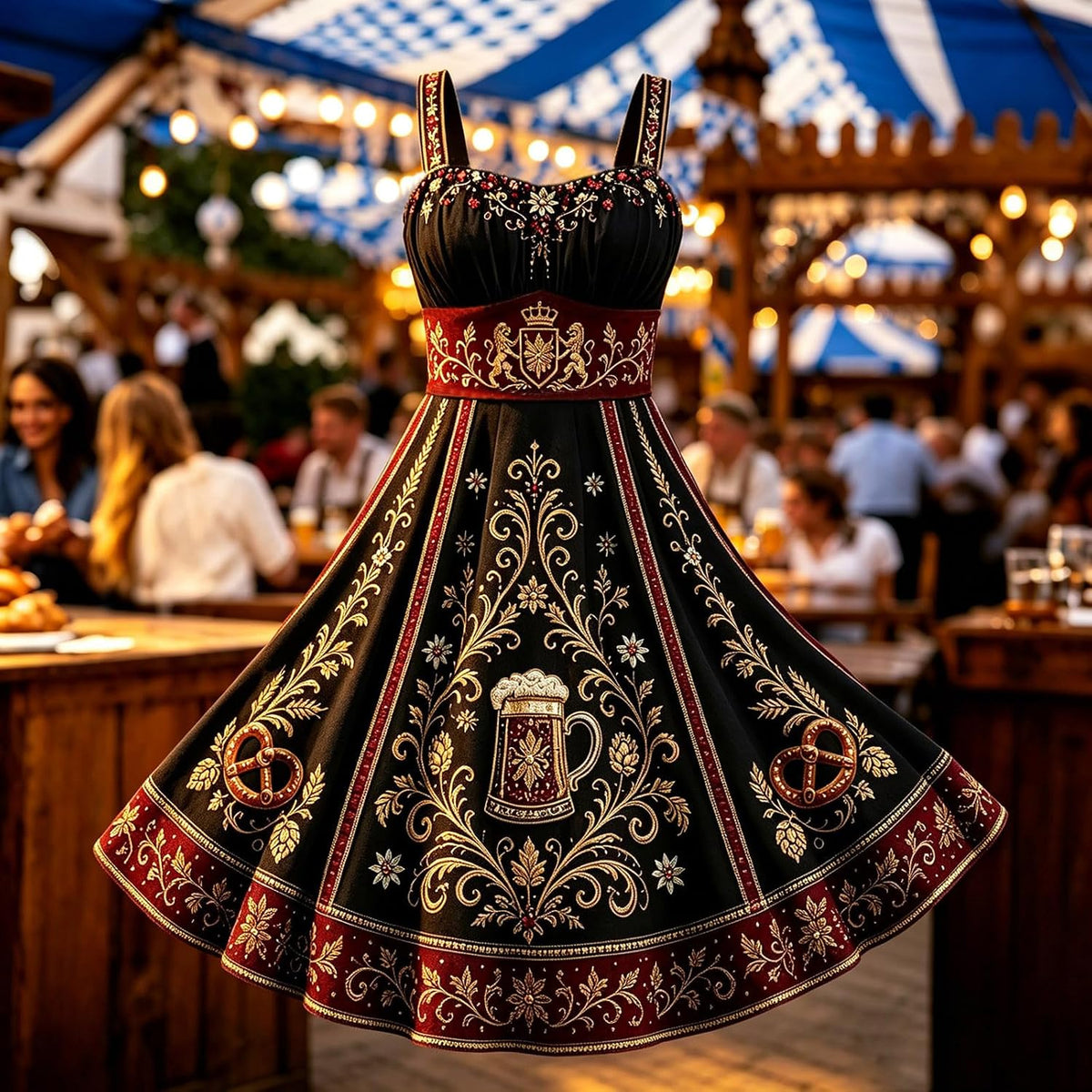 Vintage Floral Embroidered Midi Dress with Sweetheart Neckline Traditional Beer Maid Outfit for Halloween Cosplay Fall Events