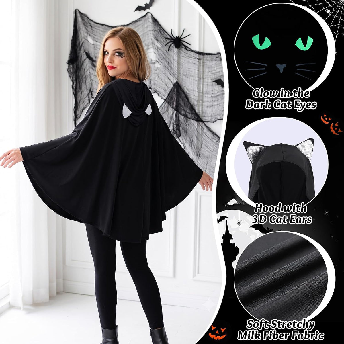 Black Cat Costume for Women. Glow in the Dark Halloween Poncho Hooded Cloak for Cosplay Themed Party