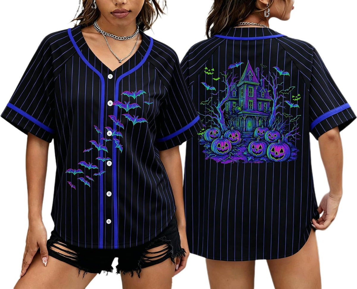 Women Spooky Season Halloween Jersey Pumpkin Short Sleeve Fall Party Costume Top