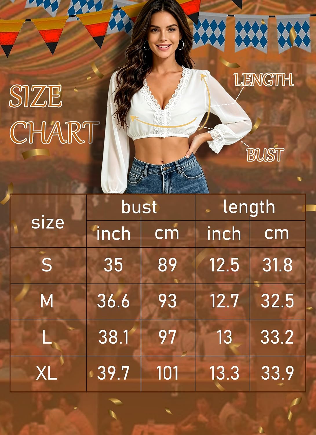 Women German Dirndl Blouse. V-Neck Lace Short-Sleeved White Dirndl Shirts