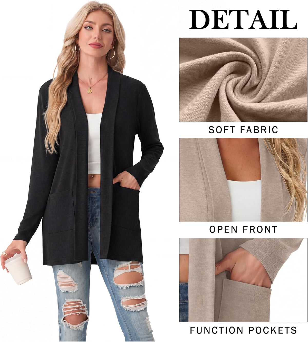 Women Casual Open Front Cardigan A - Black | Air-conditioned Room Cardigan. with Pockets. Long Sleeve
