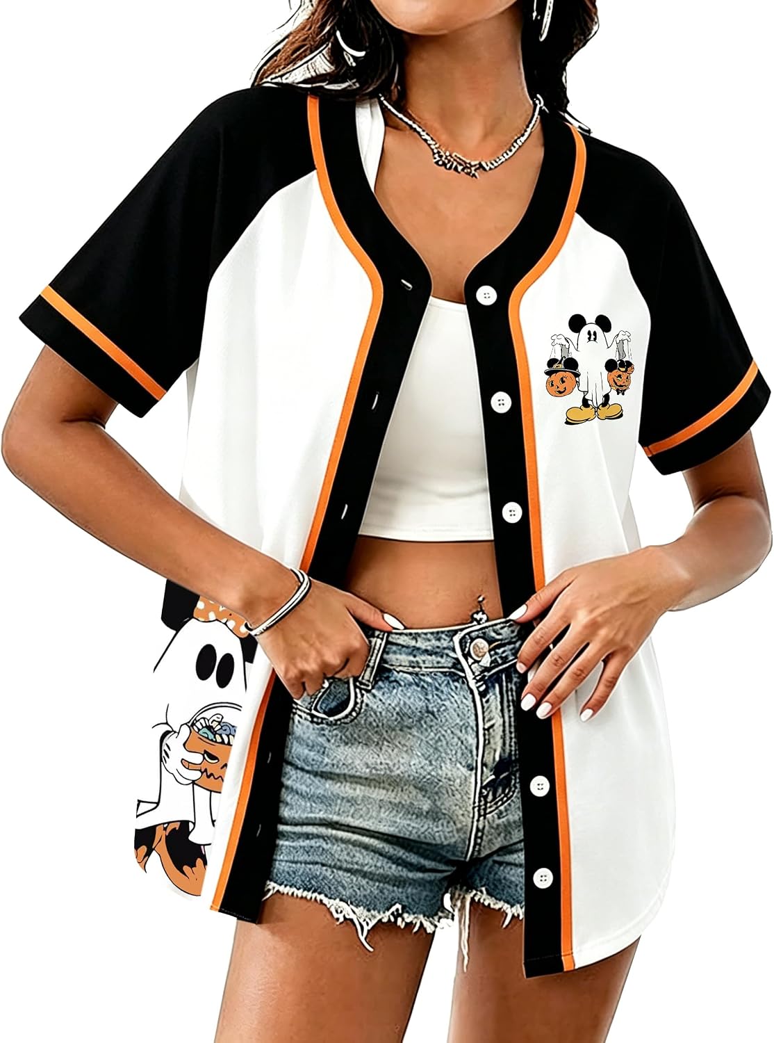 Women Spooky Season Halloween Jersey Pumpkin Short Sleeve Fall Party Costume Top