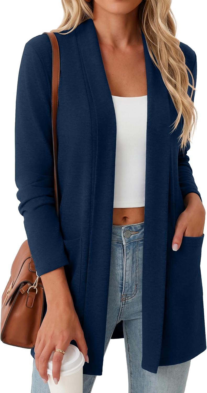Women Casual Open Front Cardigan A - Black | Air-conditioned Room Cardigan. with Pockets. Long Sleeve