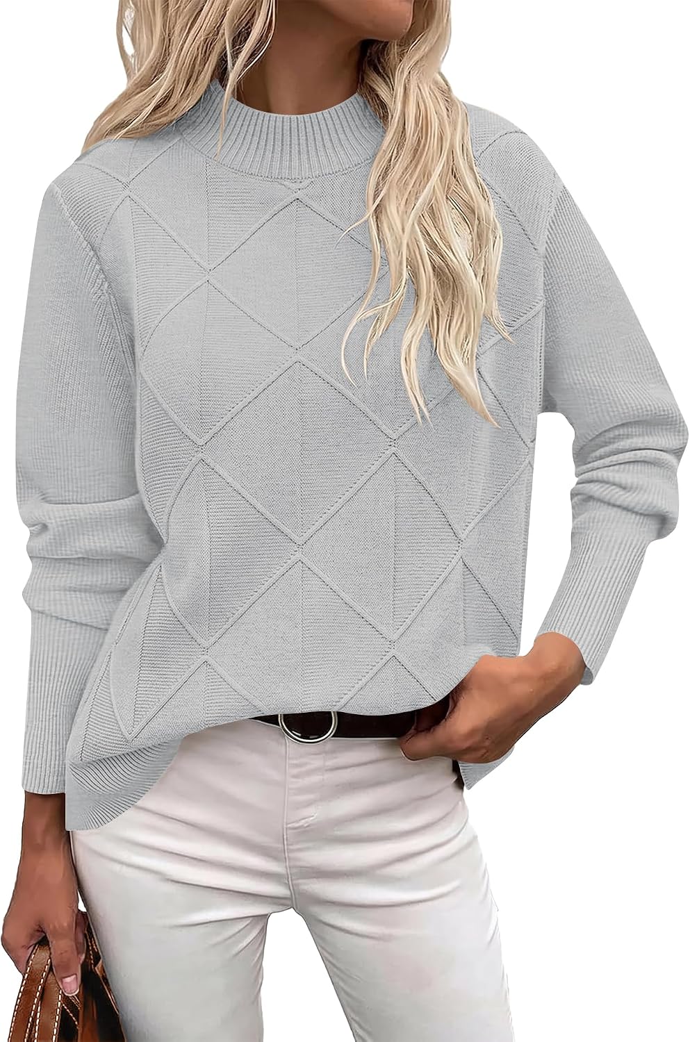 Womens Cable Knit Sweater Fall Mock-Neck Pullover Tops