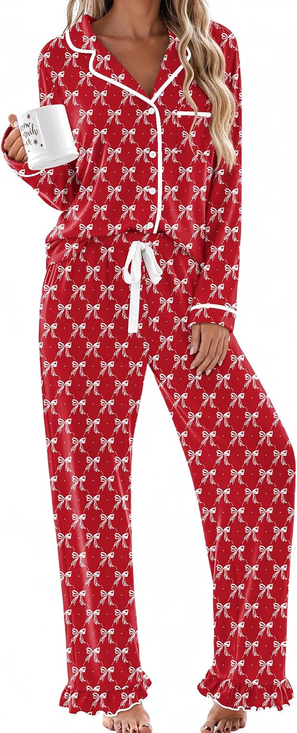 Womens Classic Notch Collar Lounge Sets. Comfy 2 Pieces Ruffle Pants for Home