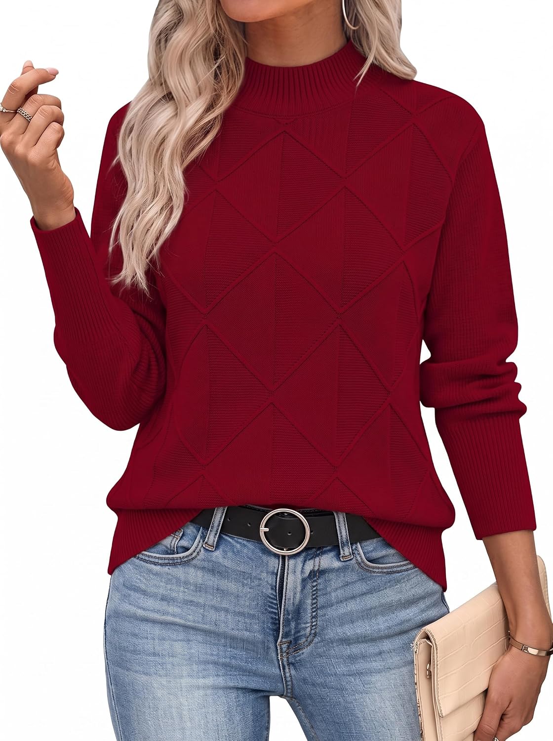 Womens Cable Knit Sweater Fall Mock-Neck Pullover Tops