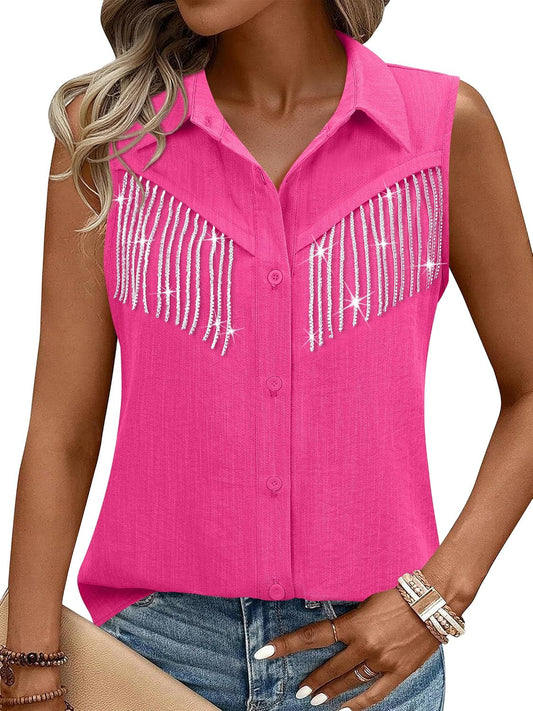 Womens Rhinestone Fringe Shirt Top Dolly Costume Parton Club Outfit