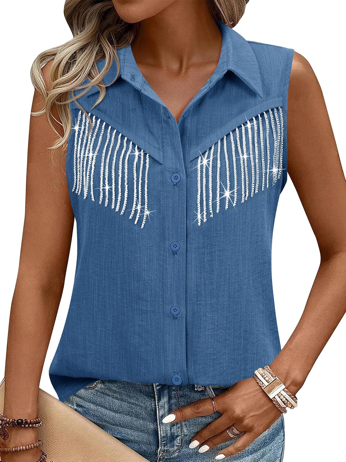 Womens Rhinestone Fringe Shirt Top Dolly Costume Parton Club Outfit