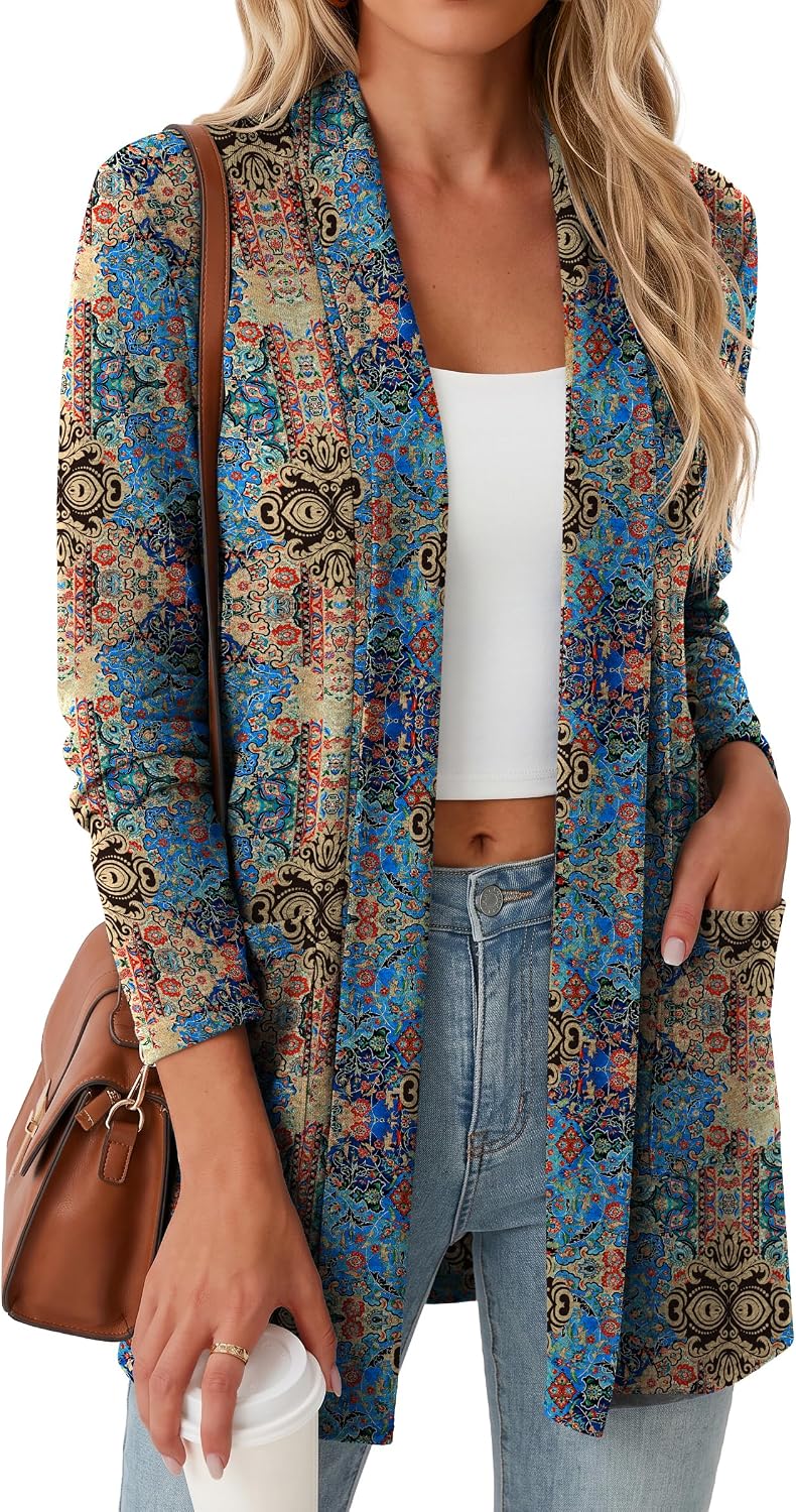 Women Casual Open Front Cardigan A - Black | Air-conditioned Room Cardigan. with Pockets. Long Sleeve