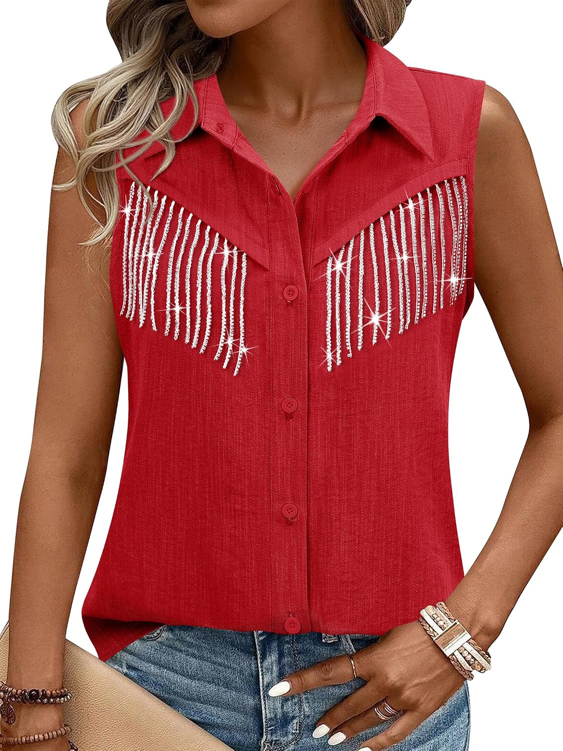 Womens Rhinestone Fringe Shirt Top Dolly Costume Parton Club Outfit